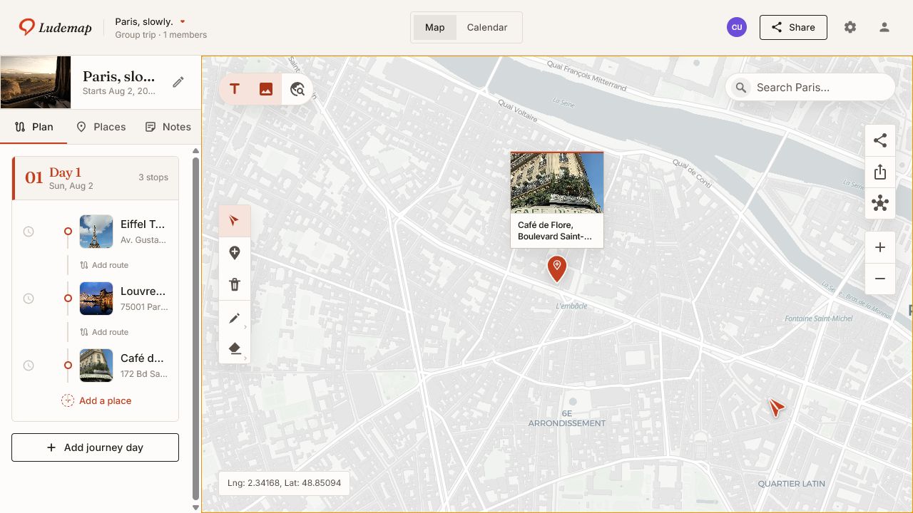 A real Ludemap room showing a Paris day plan beside a shared map