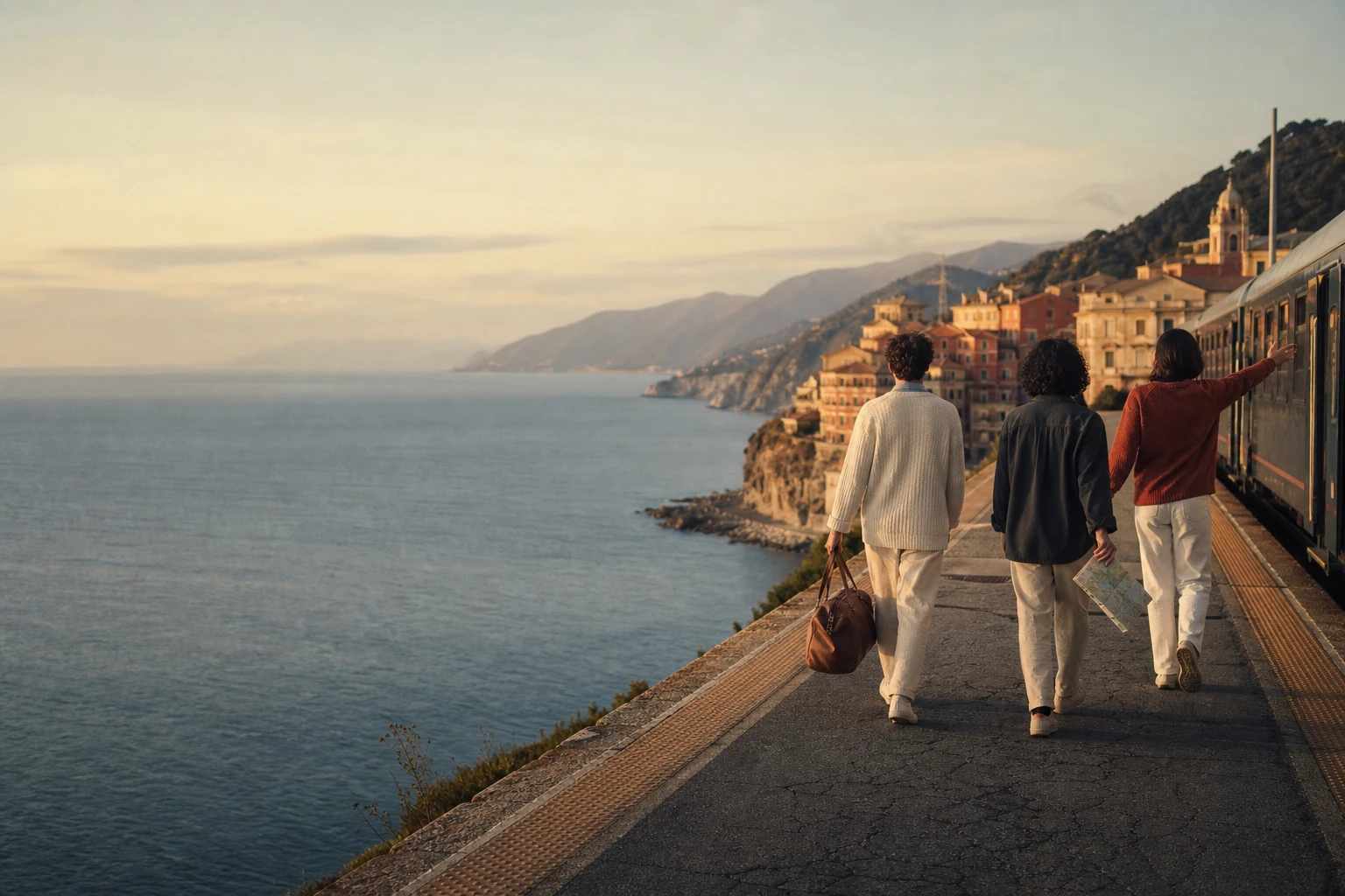 Three friends arriving by train above the Ligurian coast at sunrise