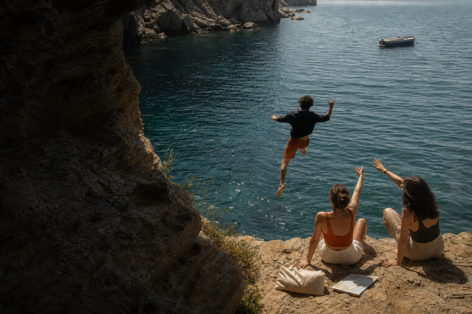 Three friends at a hidden Ligurian cove as one jumps into the sea