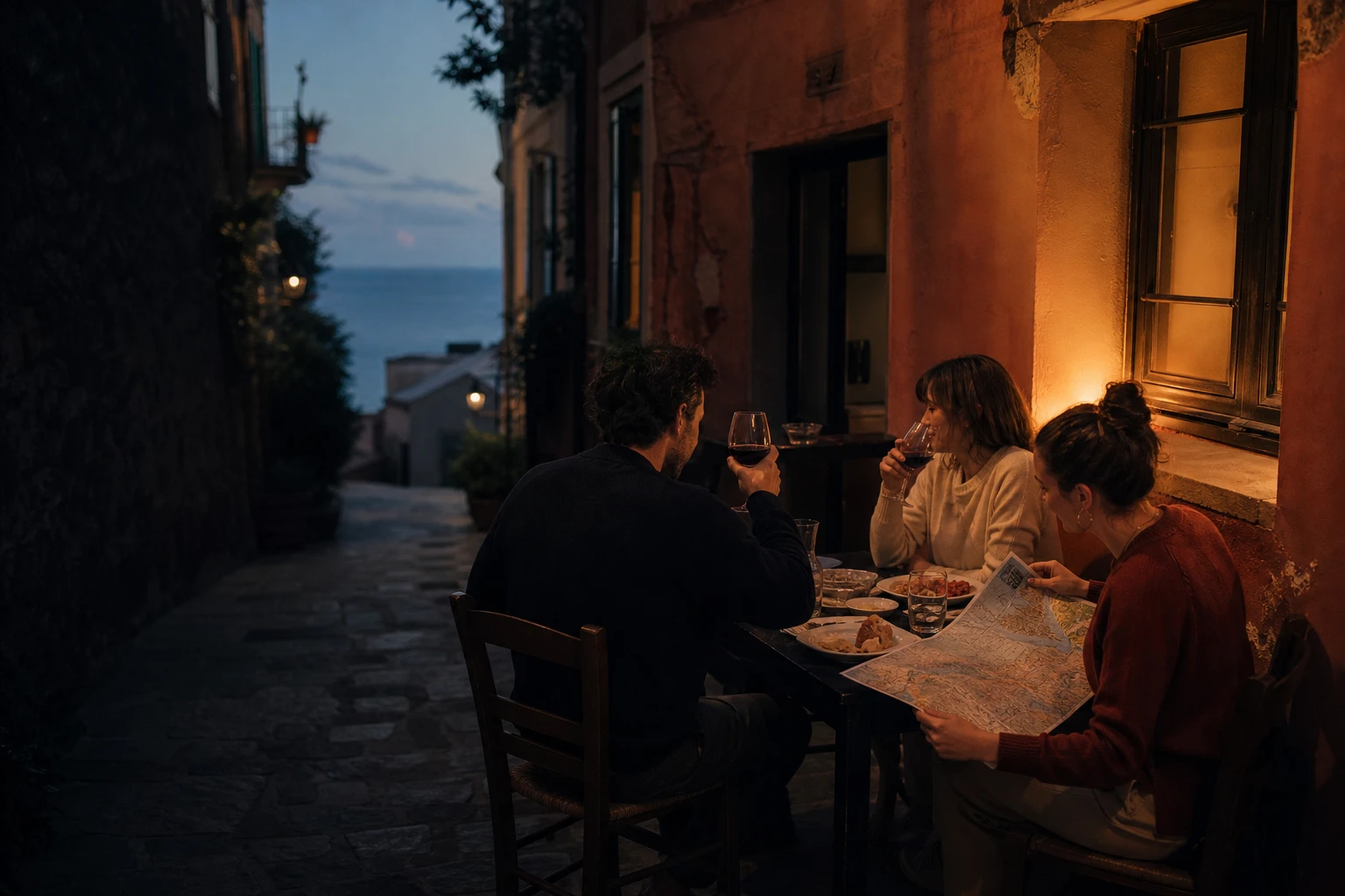 Three friends sharing dinner and unfolding a map in a coastal village at blue hour